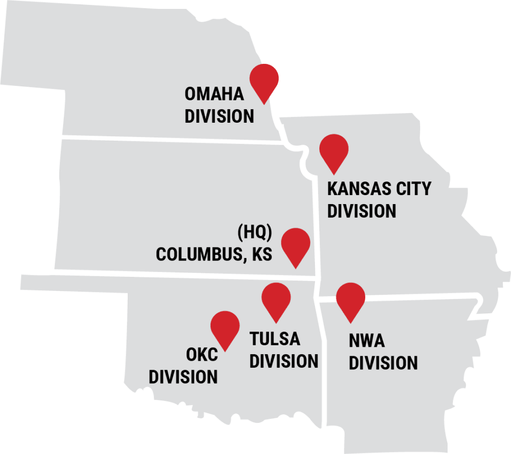 A map showing the locations in Arkansas, Missouri, Nebraska, and Oklahoma.