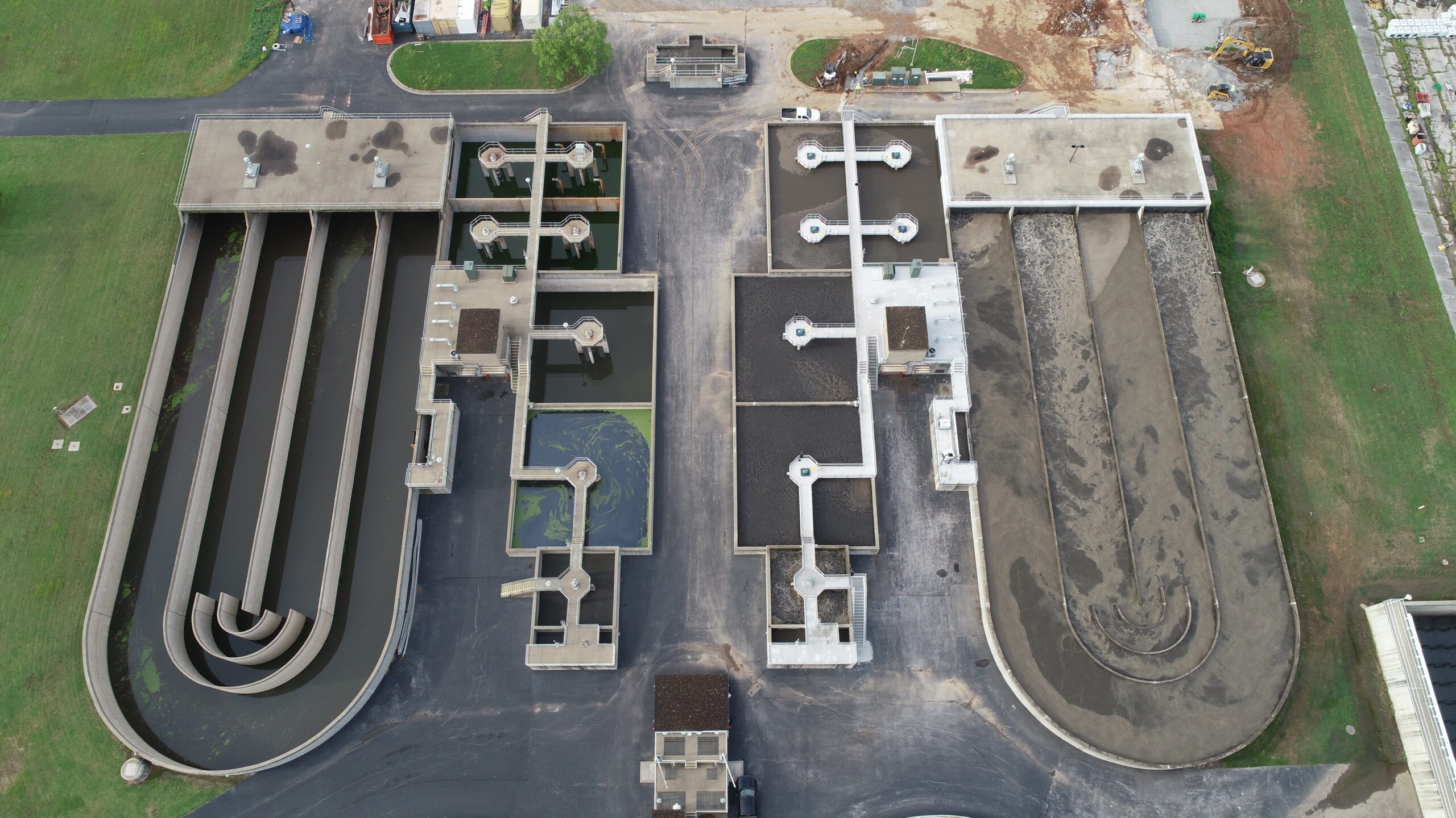 An aerial view of a wastewater treatment plant.