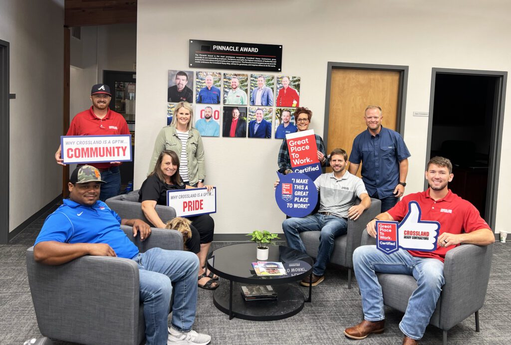 A group of people holding signs in an office.