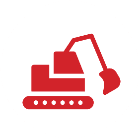 Red icon of an excavator with a scooping arm, shown on a white circular background. The design is simple and stylized, representing construction or heavy machinery.