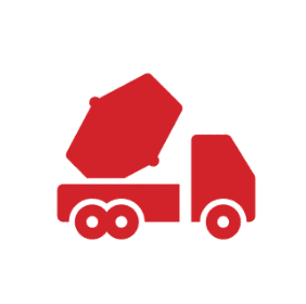 A red icon of a cement mixer truck with a tilted drum, shown on a white circular background.