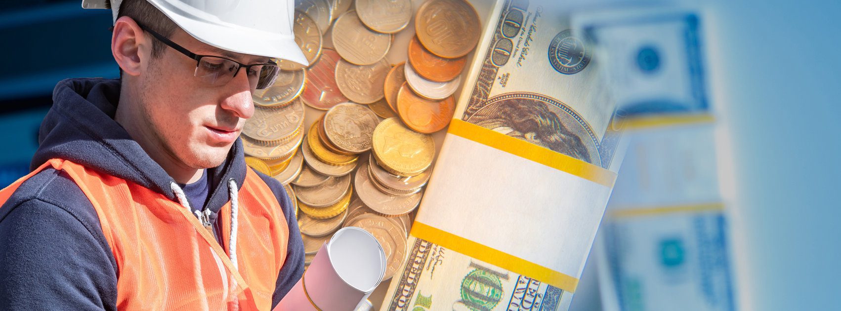 A man in a hard hat is standing in front of a money.