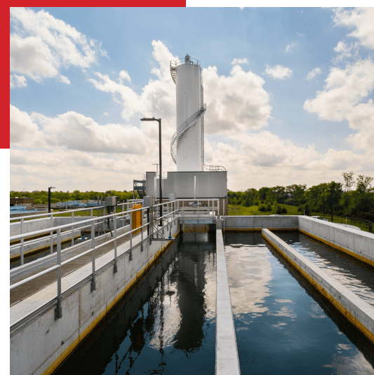 A water treatment plant with a red and green background.