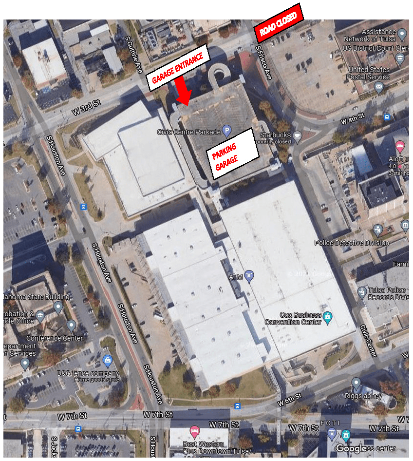 Aerial map view showing the Civic Center Parking Garage entrance on 6th St., with a "Road Closed" sign on Colcord Dr., and labeled "Parking Garage" and "Garage Entrance" in the highlighted area. Nearby landmarks are visible.