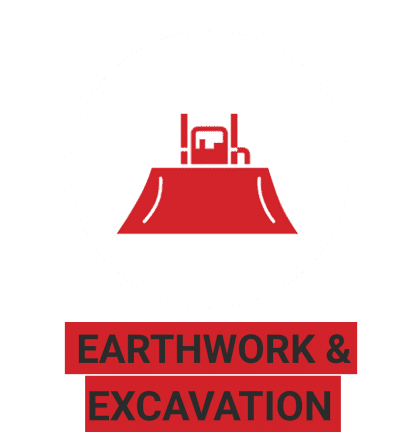 A red icon of an excavator on a mound of earth inside a white circle. Below, the text "EARTHWORK & EXCAVATION" appears in bold red letters with a black background.