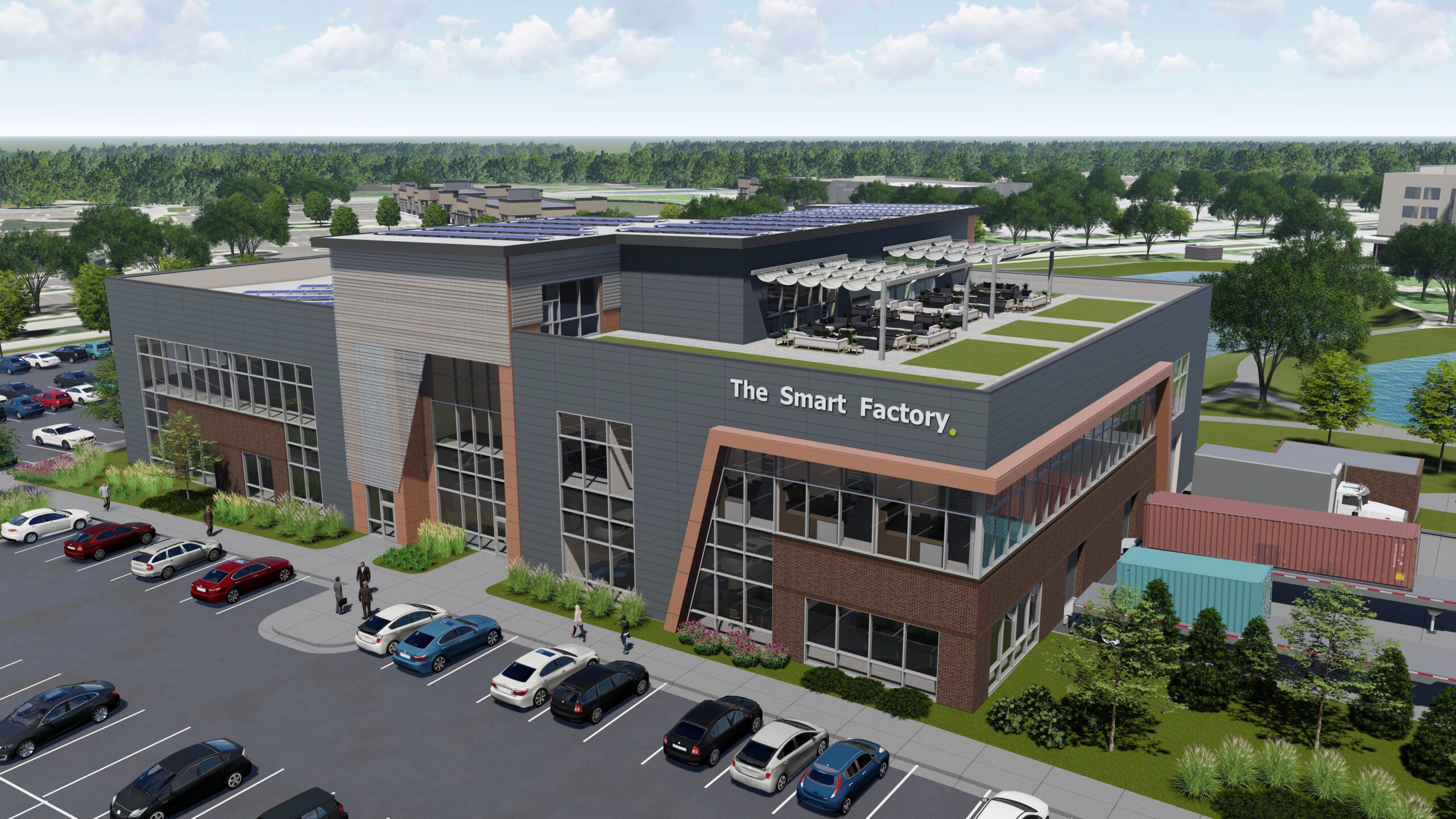 Rendering of the exterior of The Smart Factory building.